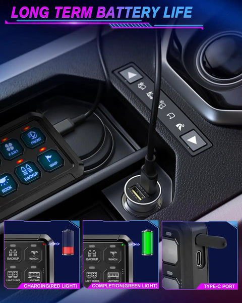 8 Gang Wireless Switch Panel With Remote Control For Off Road Trucks SUVs UTV RV 165 Ft Range 5 Level Brightness Multifunction Built In Solid State Relay No Wires Needed shown charging in vehicle