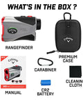 What's in the box of the 300 Pro Slope Laser Rangefinder For Golf, 6x Magnification, includes rangefinder, case, battery, manual.
