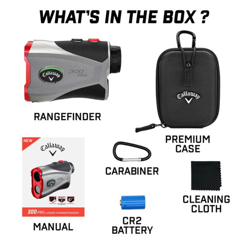 What's in the box of the 300 Pro Slope Laser Rangefinder For Golf, 6x Magnification, includes rangefinder, case, battery, manual.