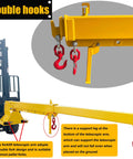 Heavy Hitting Telescoping Forklift Jib Boom Crane with dual red hooks and clamp-on design for heavy lifting.