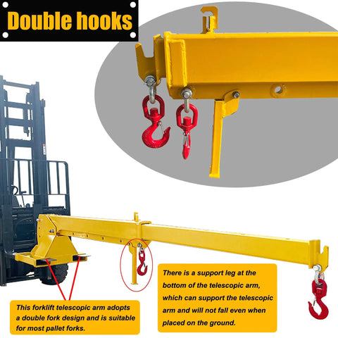 Heavy Hitting Telescoping Forklift Jib Boom Crane with dual red hooks and clamp-on design for heavy lifting.