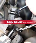 Close-up of 60 Piece Pivoting Flex Head T-Handle Ratchet Wrench Set With 72-Tooth Reversible Ratchet in use on a vehicle part.