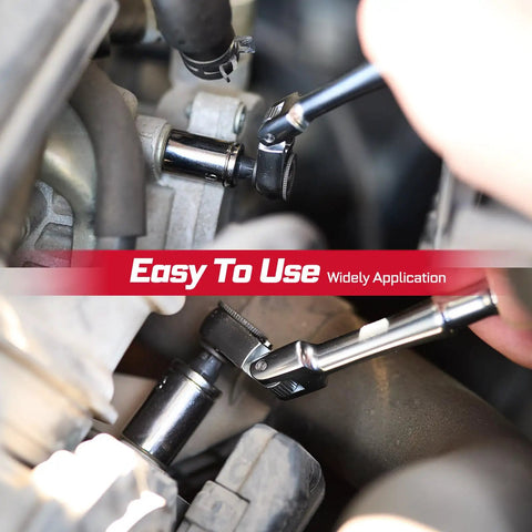 Close-up of 60 Piece Pivoting Flex Head T-Handle Ratchet Wrench Set With 72-Tooth Reversible Ratchet in use on a vehicle part.