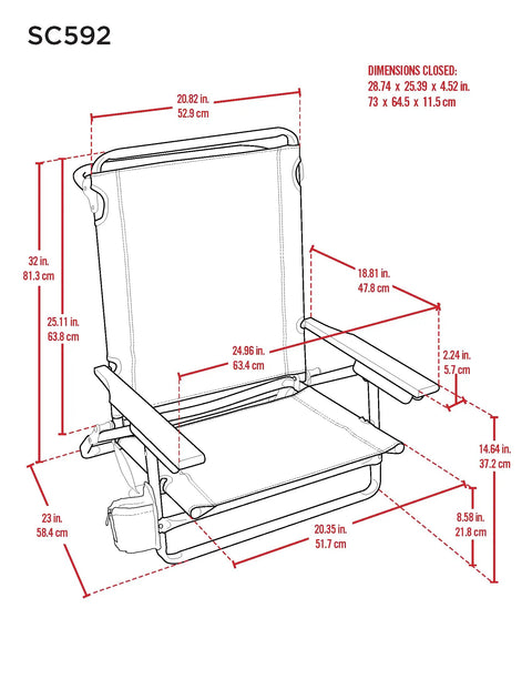 Technical diagram of 5-Position Lay Flat Folding Backpack Beach Chair With Aluminum Frame In Red White And Blue Stripe showing dimensions