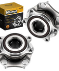 Front Wheel Hub Bearing Assembly Set For Nissan Rogue 2014 Through 2023 And Rogue Sport 2017 Through 2022 5 Lug With ABS 2 Pieces Direct Replacement Fitment Guaranteed, showing two silver pieces with box packaging.