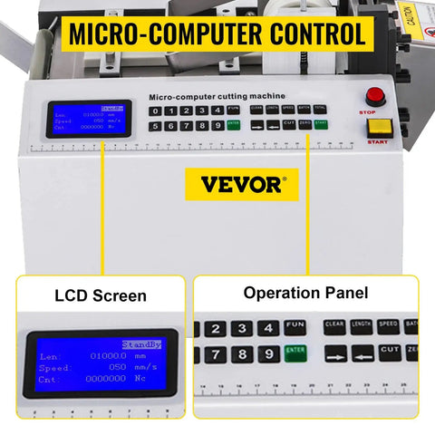 YS 100 Auto Heat Shrink Tube Cold Cutting Machine With 350W Power And Precise Microcomputer Control For PVC Tape Tape Belts Up To Half Inch Diameter, featuring LCD screen and operation panel.
