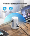 Power Strip Surge Protector Tower With 12 AC Outlets And 4 USB Ports Including USB C, 10 Foot Extension Cord near laptop