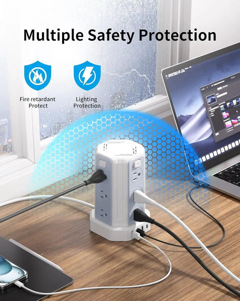Power Strip Surge Protector Tower With 12 AC Outlets And 4 USB Ports Including USB C, 10 Foot Extension Cord near laptop