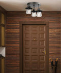 Sedona Modern Farmhouse Pendant with faux wood accents and clear glass shades, matte black finish, mounted on hallway ceiling.