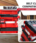 Packout Rail Mount For Milwaukee System with red tool cases and belt clip, reversible left or right install, silver finish