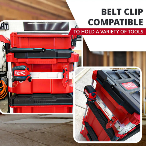 Packout Rail Mount For Milwaukee System with red tool cases and belt clip, reversible left or right install, silver finish