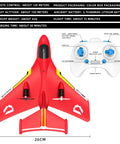 Red remote control airplane toy with 2.4G 2-channel, lights for water and land, fighter model, dimensions labeled in cm.