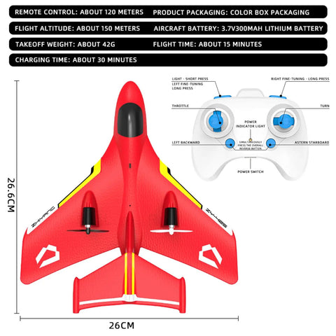Red remote control airplane toy with 2.4G 2-channel, lights for water and land, fighter model, dimensions labeled in cm.