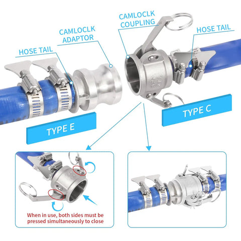 Heavy Duty Cam And Groove Hose Fittings 4 Inch 2 Pack Type C Quick Connect Adapters With Male Spigot Ends on a blue hose.