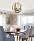 Orb 6 Light Farmhouse Chandelier in brown wood finish with globe design in a dining room setting, rustic hanging fixture