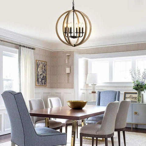 Orb 6 Light Farmhouse Chandelier in brown wood finish with globe design in a dining room setting, rustic hanging fixture