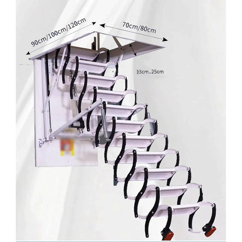 Heavy Duty Electric Attic Ladder With Auto Pull Down Function And Knuckle Tough Titanium Magnesium Frame with smooth telescoping steps.