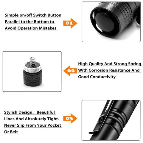 Close-up of 1000 Lumen LED Pen Light Flashlight Pocket Torch features with on/off switch, spring design, aluminum body clip