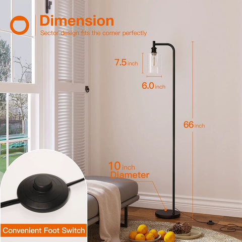 Modern Black Floor Lamp With Seeded Glass Shade Dope Bright LED Bulbs Industrial Tall Pole Standing Lamp For Living Room