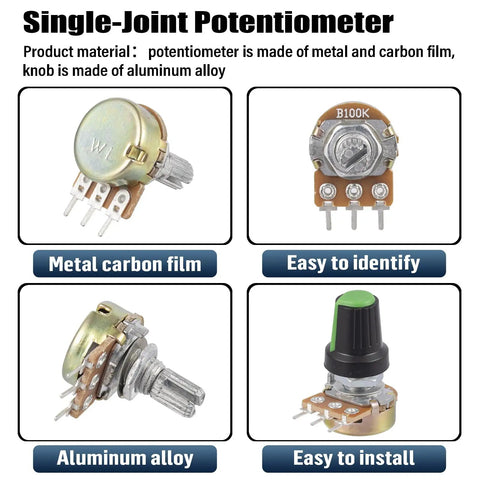 Single-joint potentiometer with metal carbon film and aluminum alloy knob, labeled B100K, for easy installation and use.