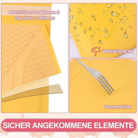 Close-up of Kraft Bubble Mailers 6x10 Outer, 6x9 Usable Inner, showing waterproof surface and a fork testing durability.