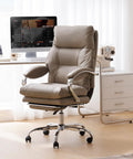 Reclining Office Chair With Footrest, Ergonomic High Back PU Leather Swivel Desk Chair With Wheels, Lumbar Support, All Day Comfort