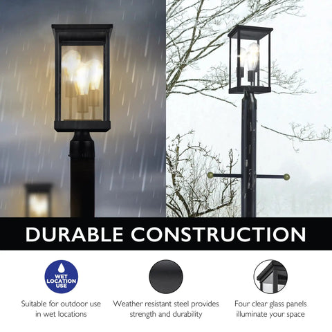 Outdoor Post Light With Clear Glass Panels In Sleek Black Finish Perfect For Patio Porch Driveway Garden And Walkways Modern Durable Exterior Lamp That Elevates Yards And Pathways With Bright Welcoming Glow And Curb Appeal, shown in rain and snow conditions.