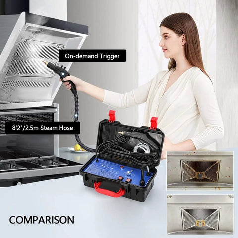 Powerful 3000W Steam Cleaner With 20 Second Heat Up Ready In Seconds in use on kitchen stove vent, shown with accessories.