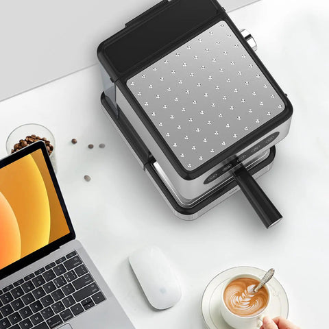 Kickstart Your Morning Hustle With This Sick Espresso Machine Pulling Smooth Shots And Rich Crema Using 20 Bar Pressure Combined With A Fast Milk Frother Sleek Digital Controls And A Roomy 50 Oz Removable Tank Made From Tough Stainless Steel, top view with coffee cup.