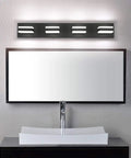 Matte Black 4 Light Bathroom Vanity Light Fixture With LED Dimmable Bulbs, 32W Cool White 6000K above a bathroom mirror