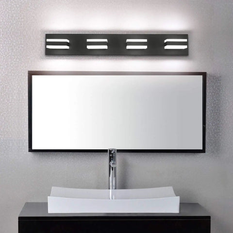Matte Black 4 Light Bathroom Vanity Light Fixture With LED Dimmable Bulbs, 32W Cool White 6000K above a bathroom mirror