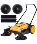 Heavy Duty Manual Walk Behind Floor Sweeper With 41 Inch Wide Cleaning Path For Warehouses Non Electric Broom Solid Rubber Wheels Workhorse Build Zero Setup Hassle with brush attachments displayed.