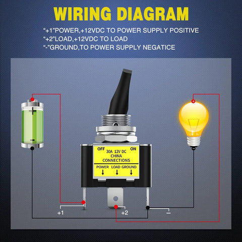 Wiring diagram for Five Pack Blue LED Toggle Switches 12V 30A SPST With 3 Pin Blade Terminals For Car Boats ATVs RV DIY Projects 12mm Mounting Hole Bright Indicator Lights On Off
