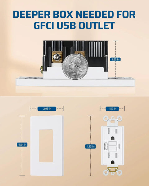 15Amp Gfci Outlet With Usb Ports, Type A And Type C Charging Hub, Pack Of 2, dimensions including depth for fitting, screwless wall plate.