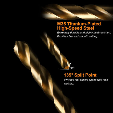 Front view of M35 titanium-plated HSS drill bits with gold spiral flutes and 135° split point