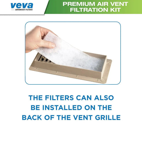 Hand inserting filter into vent grille for Premium Air Vent Filters For Home And AC Kit use.