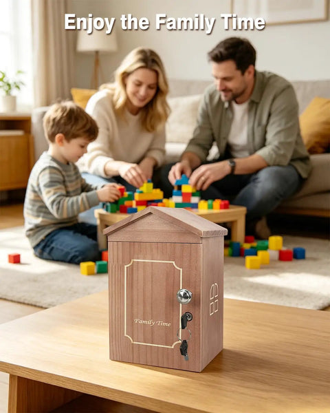 House Shaped Pine Wood Phone Lock Box Stores Six Devices Screen Free Zone For Lowkey Hangouts And Weekend Game Nights Natural Distraction Blocker Phone Jail For Groups on a table with family playing.