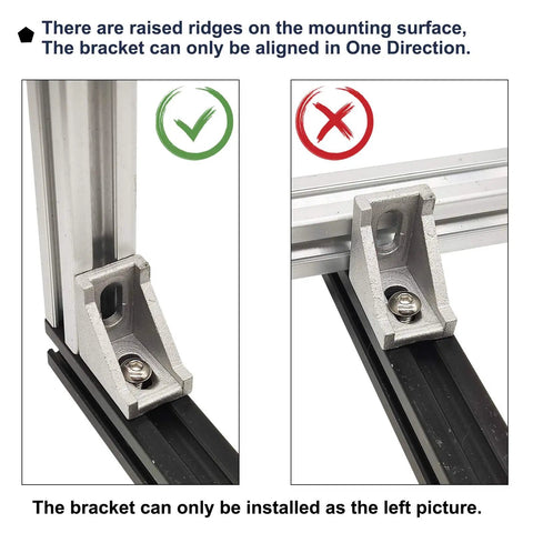 Comparison of installing 1.5 inch aluminum extrusion corner brackets, showing correct and incorrect alignment with profile rails.