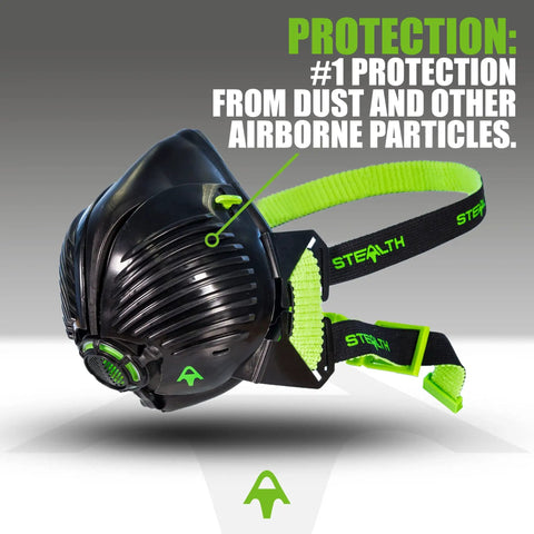 Profile of Stealth N100 Dust Mask Respirator with twin replaceable filters for 99.99 percent particle filtration, black and green design.