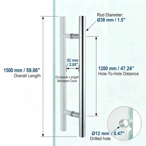 Built Tough Sixty Inch Stainless Steel Door Pull Handle With Rock Solid Standoffs Heavy Duty Push And Pull Grip Ergonomic Design For Barn Or Shower Doors Polished Chrome Finish