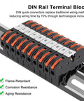 Close-up of 20 Pcs DIN Rail Terminal Blocks Kit With Compact Lever Connectors For 28 12 AWG Wires on a DIN rail.