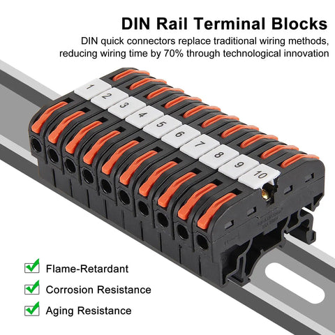 Close-up of 20 Pcs DIN Rail Terminal Blocks Kit With Compact Lever Connectors For 28 12 AWG Wires on a DIN rail.
