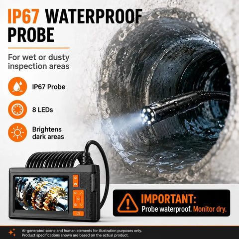 Dual Lens 4.3 Inch Endoscope Borescope With 1080P Photo And Video, 33 Feet IP67 Waterproof Semi-Rigid Cable inspecting wet pipe