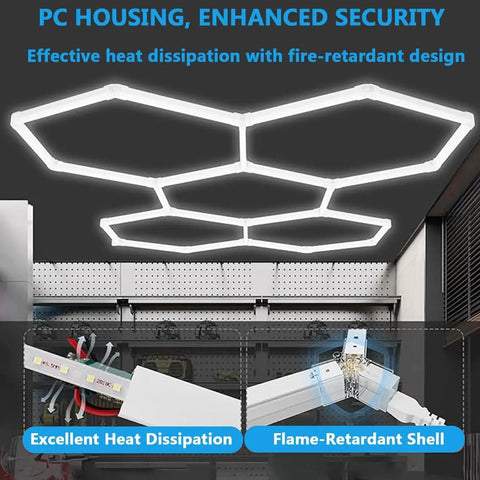 Hexagon Garage LED Light 168W Honeycomb Ceiling Panel 6500K RGB 20736LM Super Bright Five Grid Hex Light installed