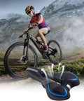 Cyclist on mountain trail with Comfy Gel Memory Foam Bike Seat For Men And Women, Waterproof Soft Saddle and anti-slip cover visible.