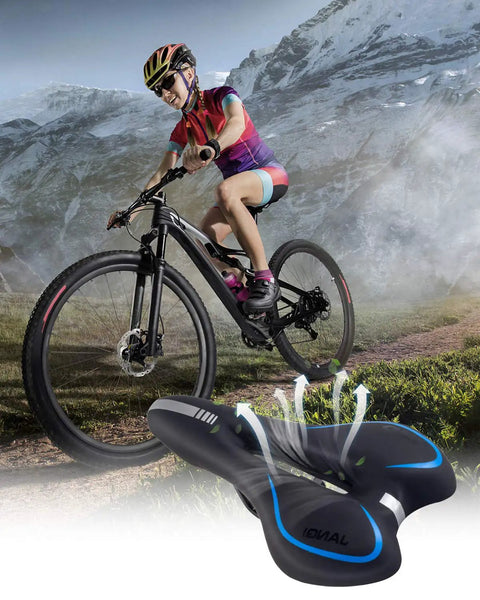 Cyclist on mountain trail with Comfy Gel Memory Foam Bike Seat For Men And Women, Waterproof Soft Saddle and anti-slip cover visible.