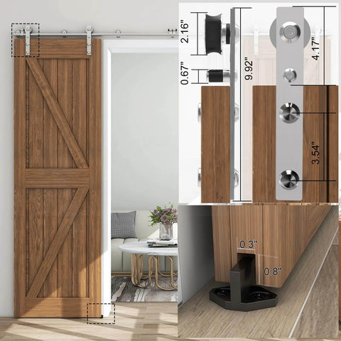 8Ft Stainless Steel Sliding Barn Door Hardware Kit installed on wooden door, showing I-shaped hangers and rust-resistant rails.