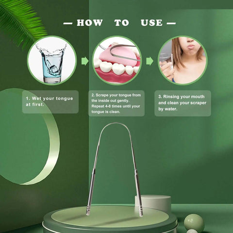 How to use Two Pack Tongue Scrapers Made From 304 Stainless Steel For Adults And Kids, step-by-step guide displayed.