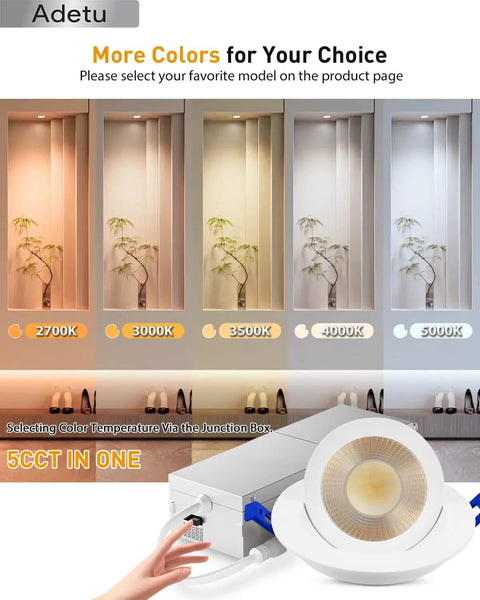 Adetu 4 Pack 2 inch 5CCT LED Gimbal Recessed Light showing various color temperatures; 2700K to 5000K, sleek design and adjustable features.