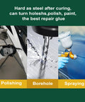Metal epoxy adhesive for repairs; waterproof and heat-resistant; for metals, plastics, ceramics, PVC, fiberglass.